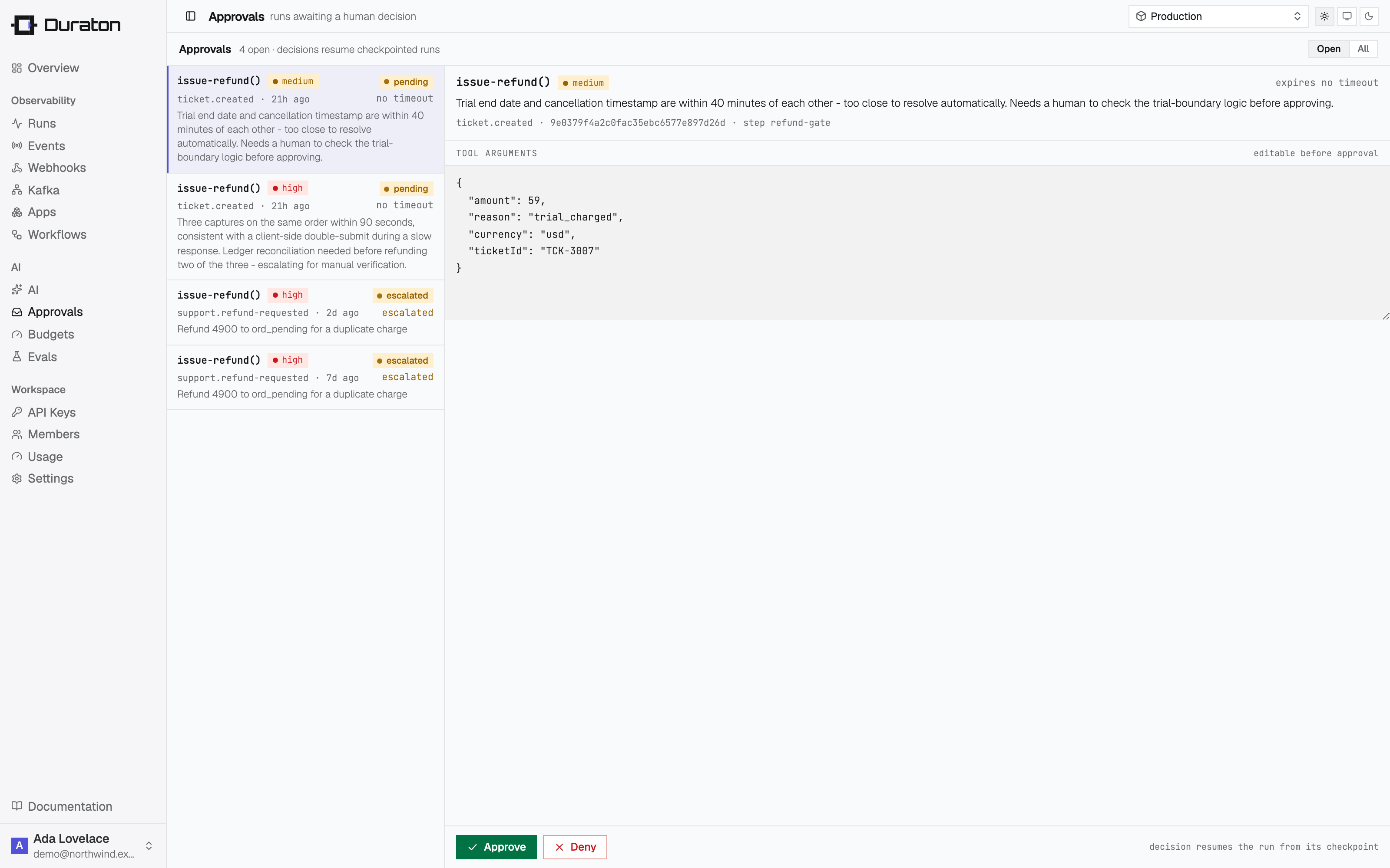 An approval awaiting a human decision in the console