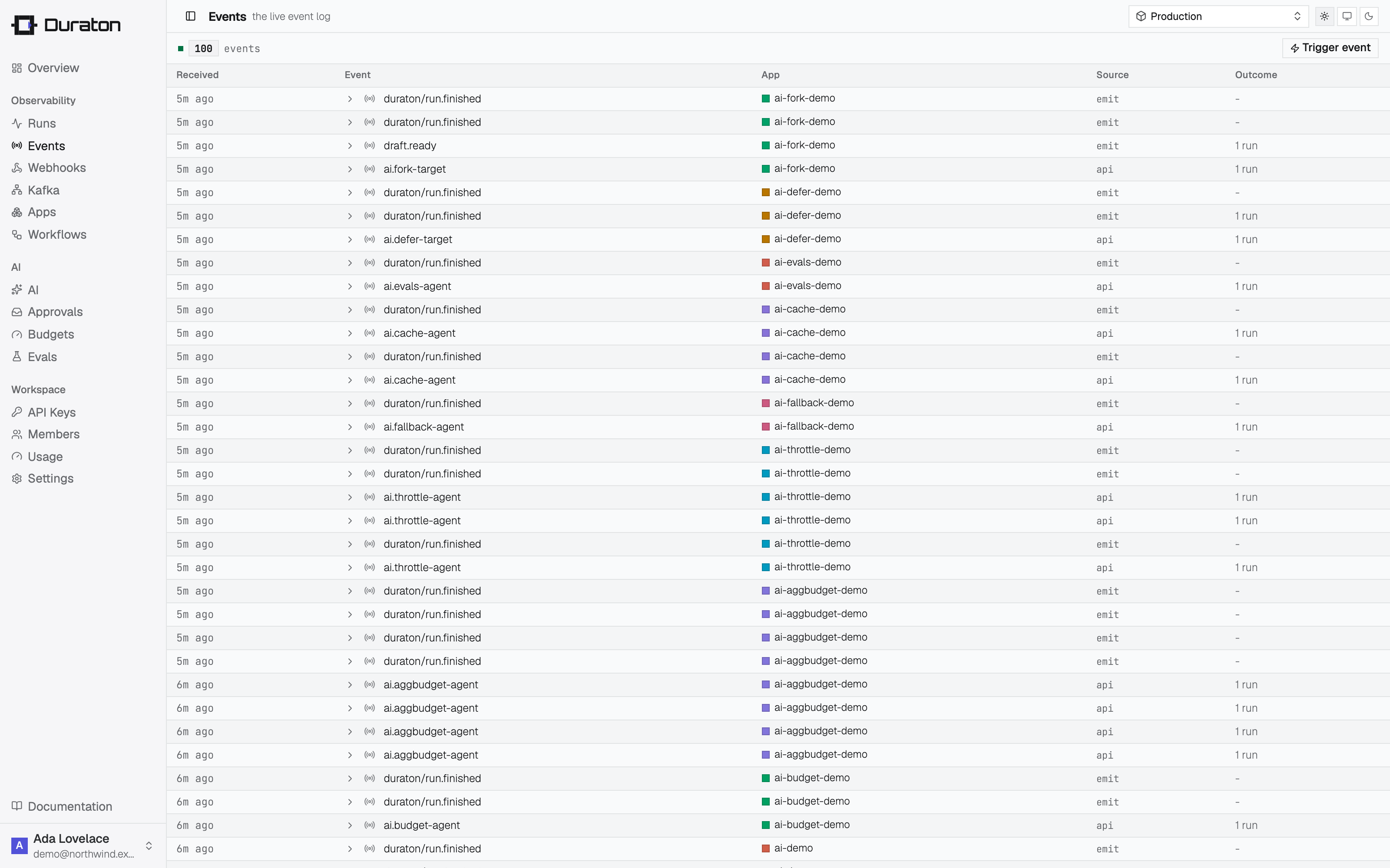 The live event log in the console
