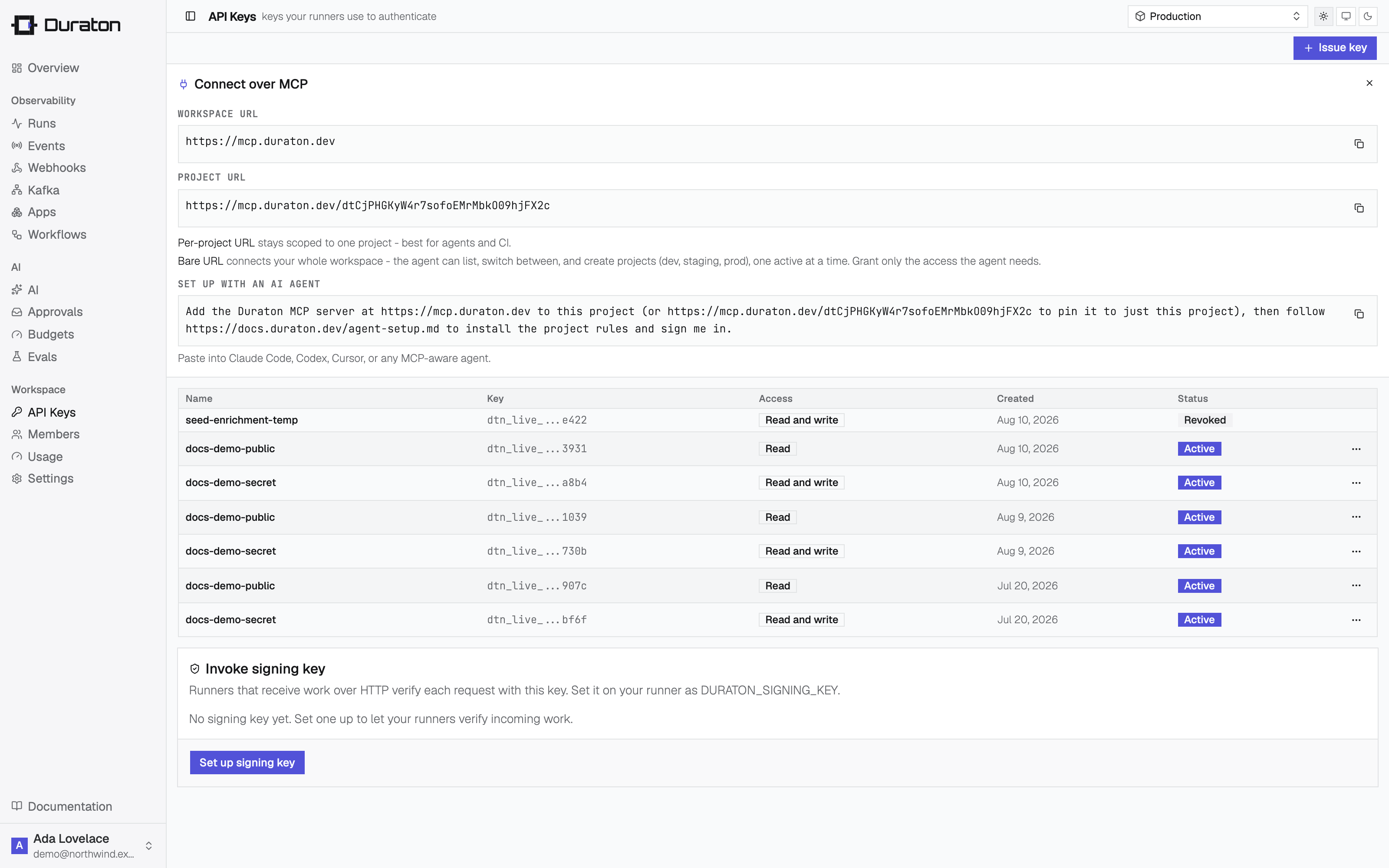 Issuing an API key in the console